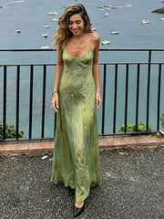 Green V-neck Print Satin Maxi Dress