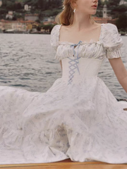 Blue Printed Corset Lace Up Puff Sleeve Maxi Dress