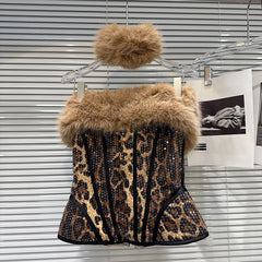 Leopard Print Sequin Fishbone Tank Top And Plush Short Skirt Set