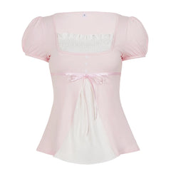 Contrast Color Square Neck Puff Sleeve Bow Babydoll Blouse