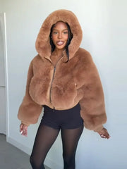 Faux Fur Zipper Hooded Jacket