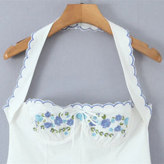 White Embroidered Floral Halter Mini Dress