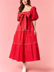Red Polka Dot Square Neck Puff Sleeve Bow Smocked Midi Dress