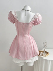 Pink Puff Sleeve Bow Mini Dress