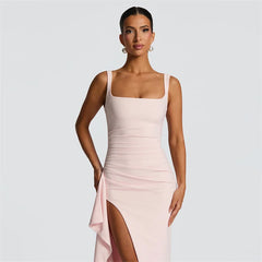 Square Neck Strap Thigh High Split Draped Long Dress