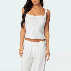 White 3D Bow Frill Trim Crop Top And Long Pants Lounge Set
