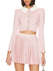 Pink Fur Collar Rhonestone Buttoned Crop Jacket And Pleated Mini Skirt Set