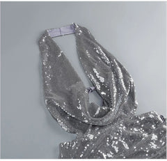 Silver Sequin Halter Deep Neck Backless Draped Mini Dress