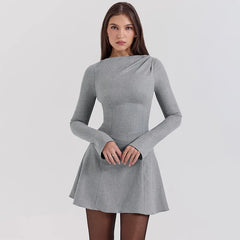 Round Neck Long Sleeve Solid Mini Dress