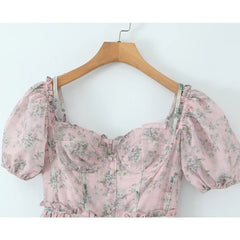 Two Tone Floral Print Puff Sleeve Midi Dress