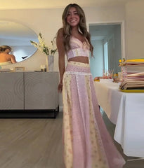 Pink And Yellow Floral Patchwork Cami Crop Top And Maxi Skirt Set