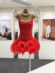 Spaghetti Strap Diamonds Ruffles Flower Hem Mini Dress