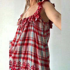 Red Plaid Ruffle Edge Mini Dress