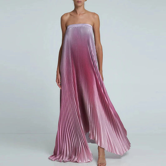 Pink Sleeveless Gradient Pleated Long Dress