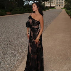 Black One-Shoulder Floral Desgin Long Dress