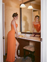 Orange Square Neck Mesh Ruffle Long Dress