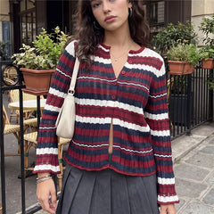 Striped Ribbed Distressed Long Flare Sleeve Button Top