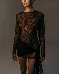 Lace Sheer Long Sleeve Tie Up Mini Dress - Free From Label