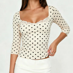 3/4 Sleeve Polka Dot Lace Trim Square Neck Top