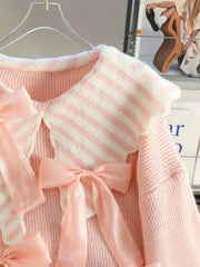 Large Collar Pink Bow Striped Knitted Sweatshirt Free From Label