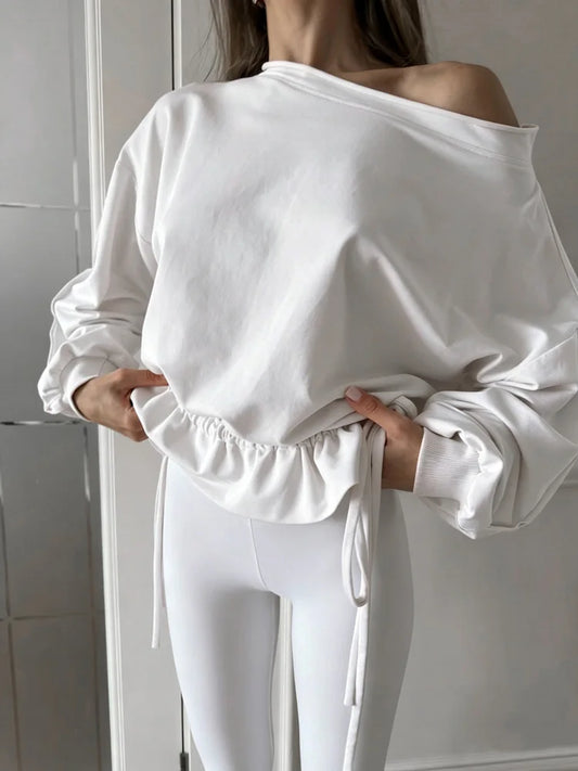 Off Shoulder Drawstring Hem Sweatshirt