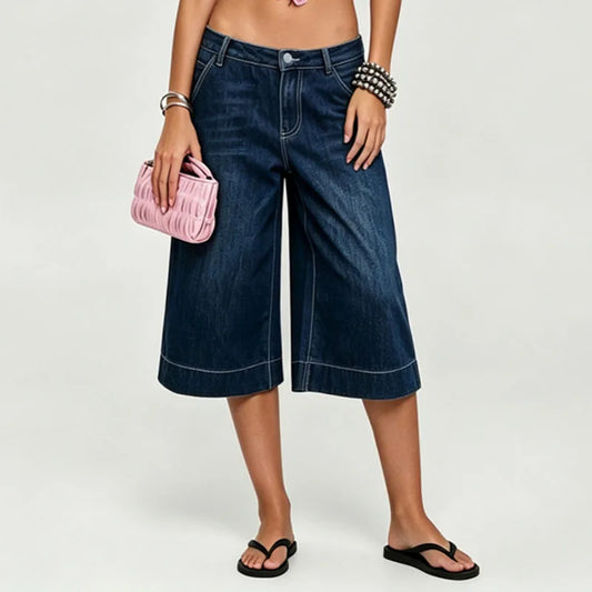 Dark Wash Denim Wide Leg Capri Pants