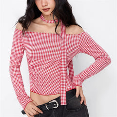 Red Off Shoulder Plaid Top With Ribbon Scarf