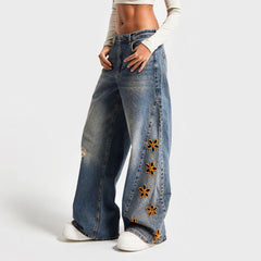 Wide Leg Floral Embroidered Denim Jeans