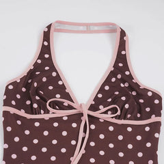 Brown Polka Dot Halter Crop Top And Drawstring Shorts Set