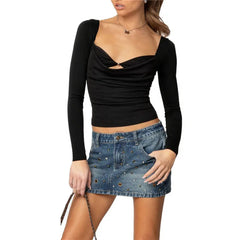 Long Sleeve Pearl Cowl Neck Bralette Top