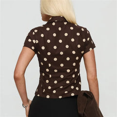 Polka Dot Short Sleeve Lapel Collar Front Button Top