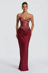 Strapless Lace Corset Satin Drape Maxi Dress