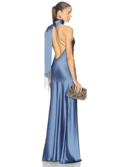 Blue Halter Neck One Shoulder Beaded Tassel Maxi Dress