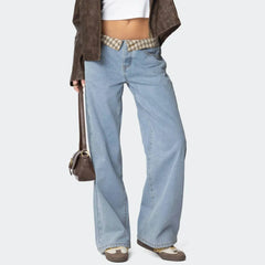 Plaid Folded Waistband Low Rise Blue Denim Pants