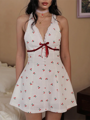 White Cherry Printed Halter A-Line Mini Dress