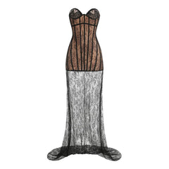 Black Lace Corset Sheer Removable Hem Maxi Dress
