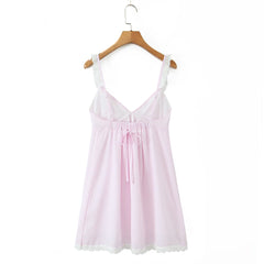 Pink Striped V neck Lace Strap Bow Mini Dress