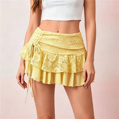 Floral Lace Ruffle Side Drawstring Mini Skirt