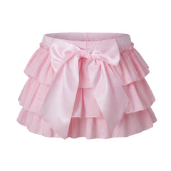 Layered Elastic High Waist Satin Bow Mini Skirt
