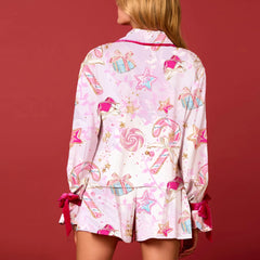 Christmas Long Sleeve Santa Claus Print Top with Elastic Waist Shorts Pajamas Set