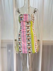 Flower Patchwork Striped Tube Mini Dress