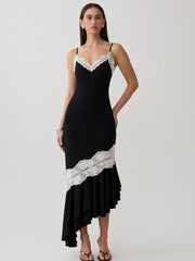 Lace Trim Ruffle Mermaid Hem Cami Midi Dress