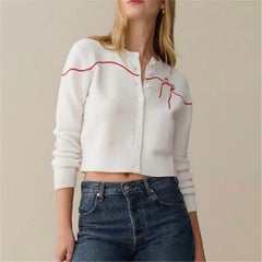 White Bow Crop Knit Cardigan