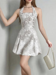 White Jacquard Print A-line Mini Dress