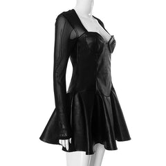 Black Long Sleeve Mesh PU Leather Mini Dress Free From Label