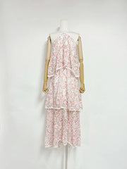 Halter Neck Tiered Ruffle Flower Long Dress