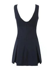 Navy Blue Sleeveless Open Back Ruffles Mini Dress