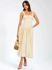 Satin Pleated Strap Long Dress