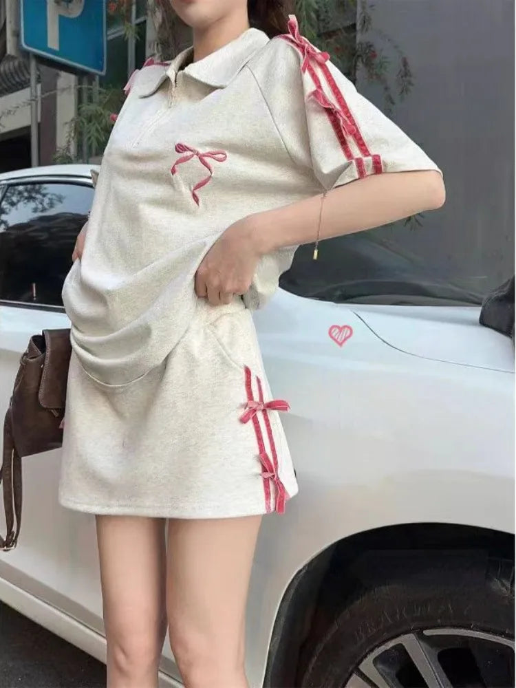 Summer American Y2K 2 Piece Skirt Set Women Casual Sweet Bow Short Sleeve T-Shirt + Cute Slim Mini Skirt Harajuku Sport Suits - Free From Label