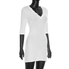 White Lace Trim V Neck  Half Sleeve Mini Dress